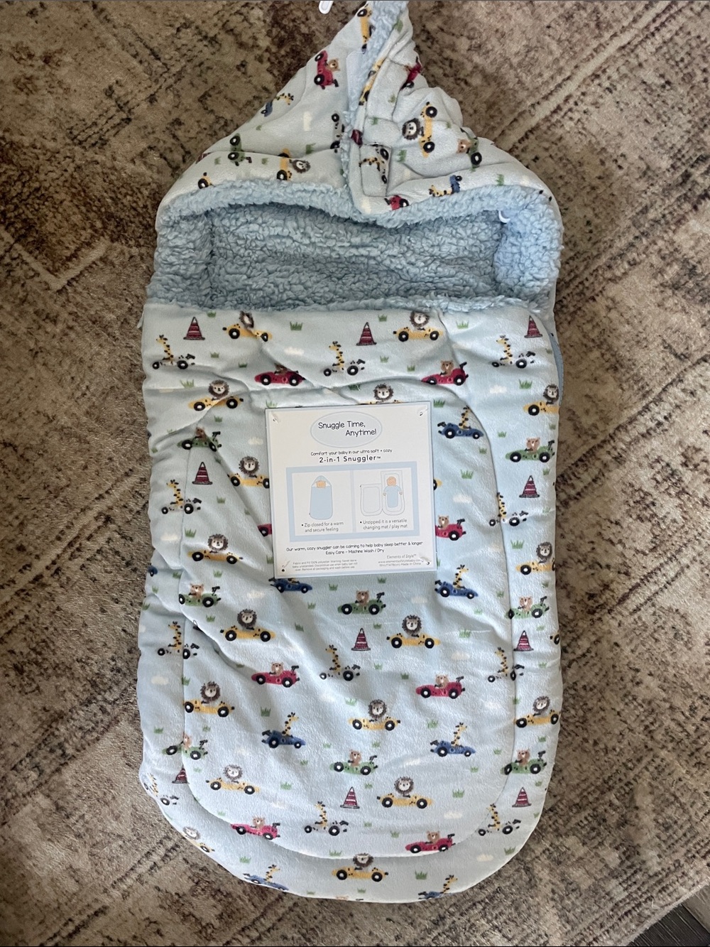 Plush Light Blue Baby Snuggle Sack with Toy Car Print